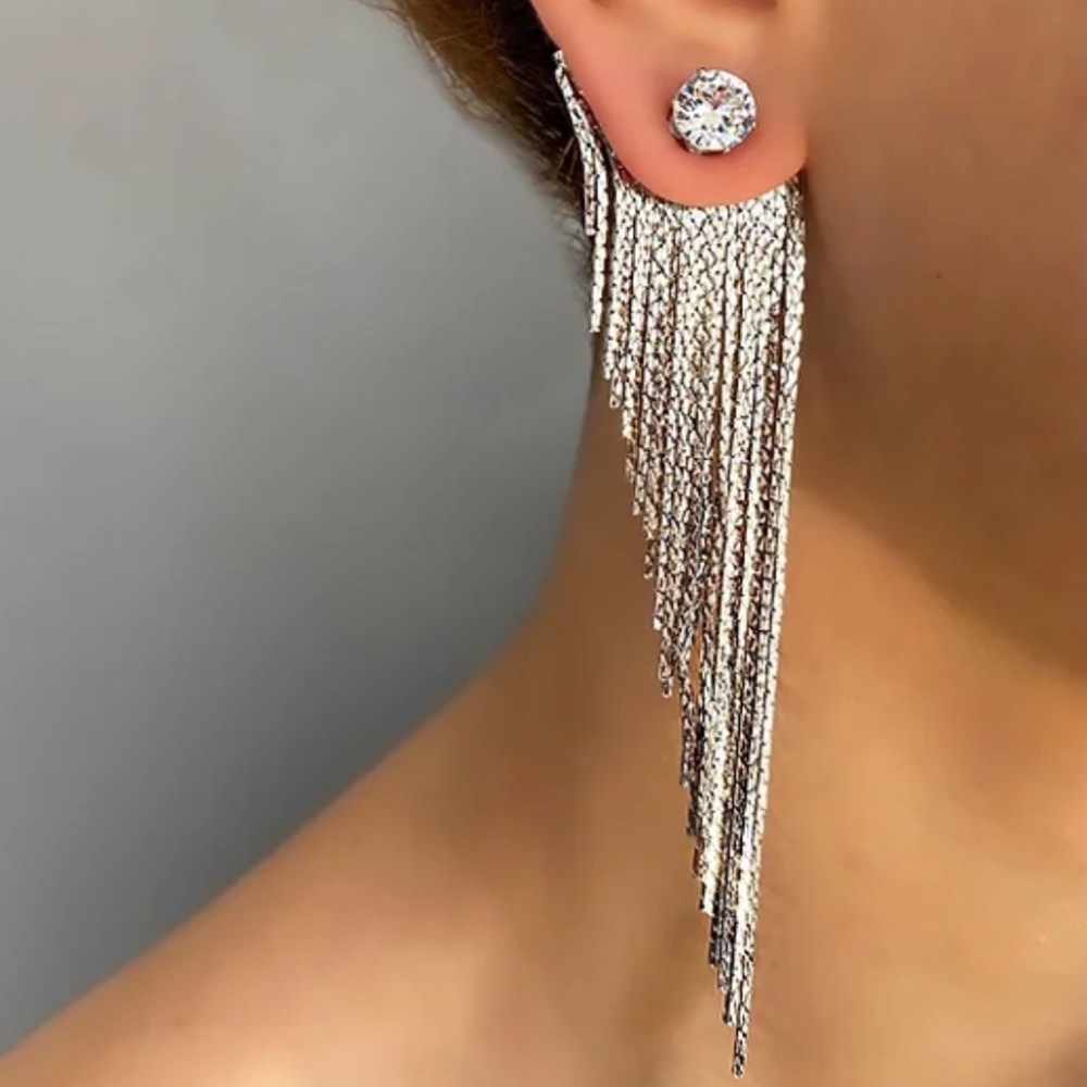 Crystal Shiny Rhinestone Tassel Decor Silver Earrings